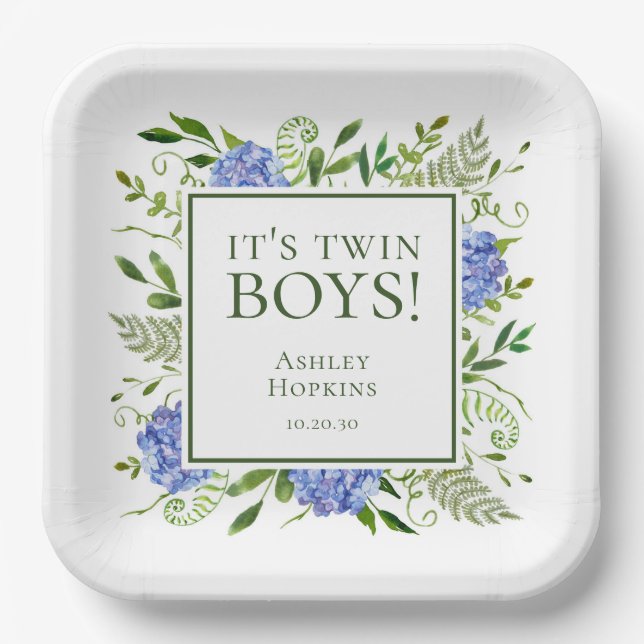 Es ist Twin Boys Blue Hydrangeas Boy Baby Shower Pappteller (Vorderseite)