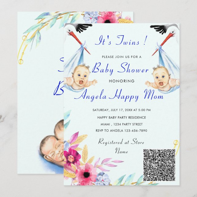 Es ist Twin Boys QR Code Info Baby Shower Einladun (Vorne/Hinten)