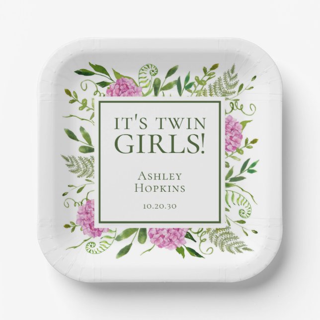 Es ist Twin Girls Pink Hydrangeas Girl Baby Dusche Pappteller (Vorderseite)