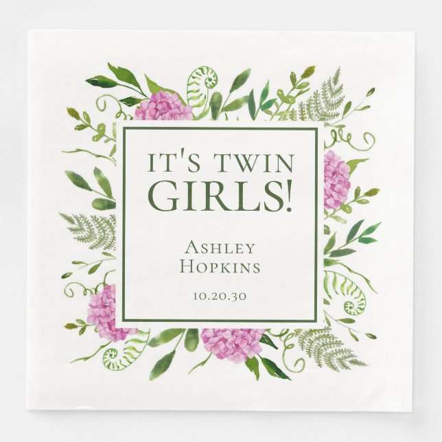 Es ist Twin Girls Pink Hydrangeas Girl Baby Dusche Serviette (Vorderseite)