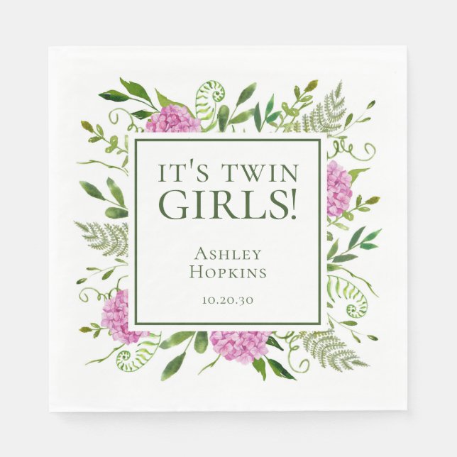 Es ist Twin Girls Pink Hydrangeas Girl Baby Dusche Serviette (Vorderseite)