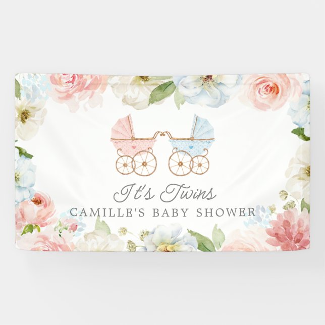 Es ist Twins Baby Dusche Blue Pink Floral Willkomm Banner (Horizontal)