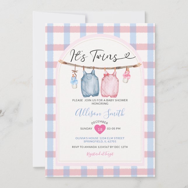 Es ist Twins Bow Kleidung Autumn Gingham Baby Show Einladung (Vorderseite)