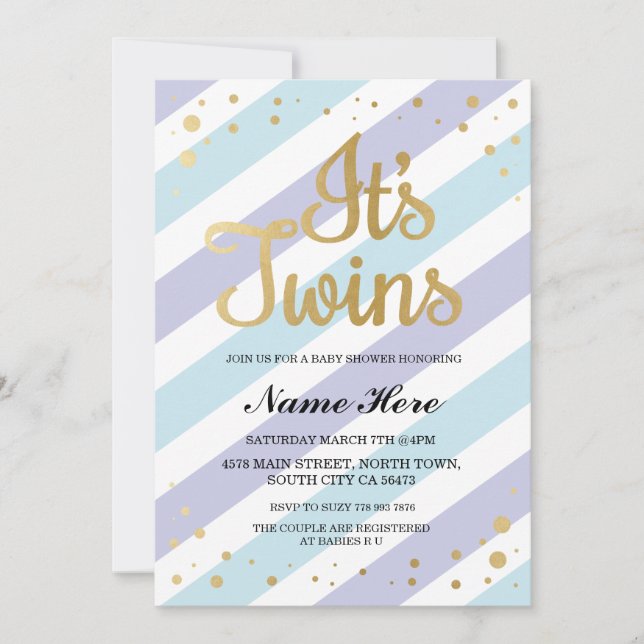 Es ist Twins Boys Baby Shower Gold & Blue Invite Einladung (Vorderseite)