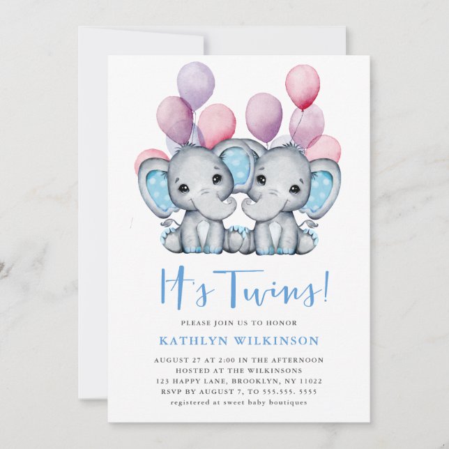 Es ist Twins Elephant Blue Balloon Niedlich Baby S Einladung (Vorderseite)