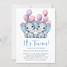 Es ist Twins Elephant Blue Balloon Niedlich Baby S Einladung