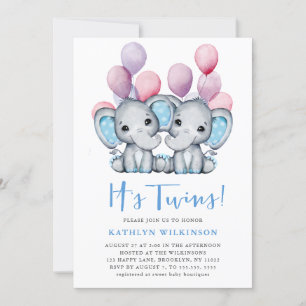 Es ist Twins Elephant Blue Balloon Niedlich Baby S Einladung