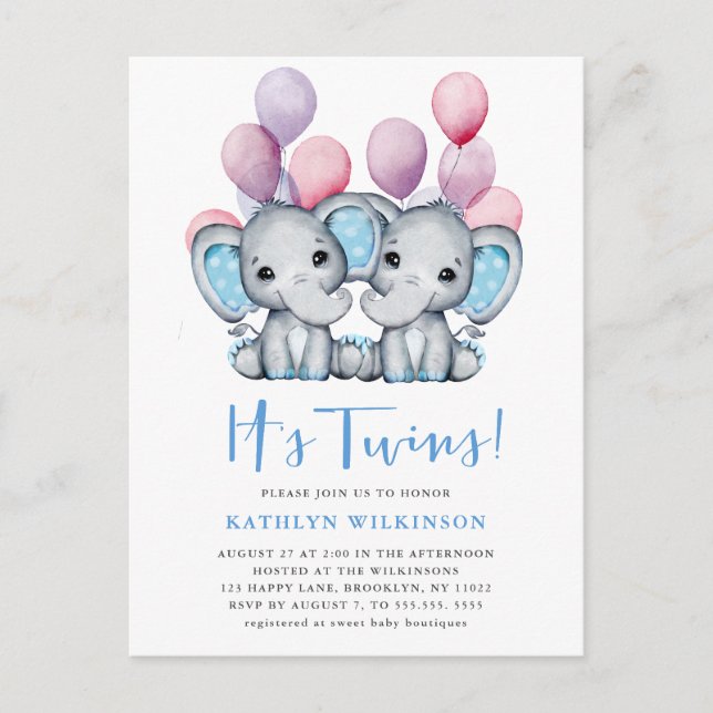 Es ist Twins Elephant Blue Balloon Niedlich Baby S Einladungspostkarte (Vorderseite)