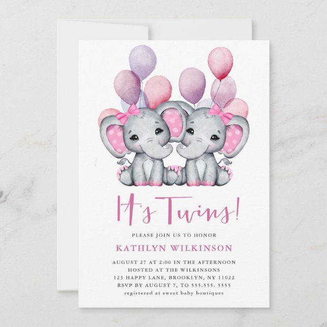 Es ist Twins Elephant Pink Balloon Niedlich Baby S Einladung (Vorderseite)