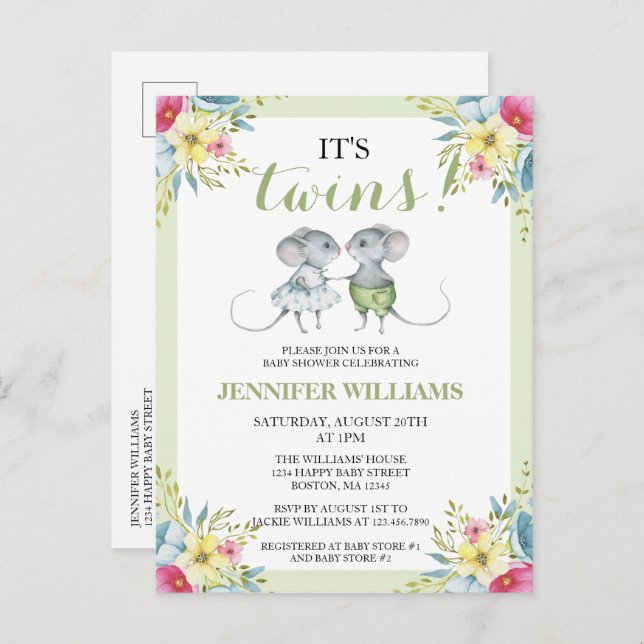 Es ist Twins Green Floral Boy & Girl Baby Shower Einladungspostkarte (Vorne/Hinten)