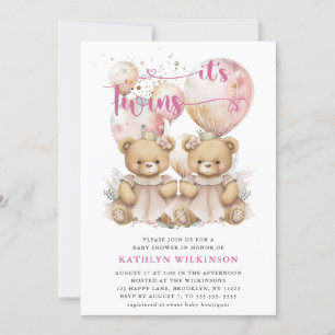 ES IST TWINS Pink Balloons Teddy Bears Baby Dusche Einladung