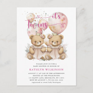 ES IST TWINS Pink Balloons Teddy Bears Baby Dusche Einladungspostkarte