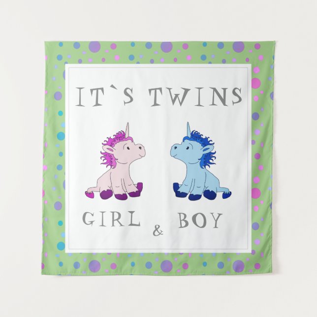 Es ist Twins Unicorn Pink und Blue Baby Dusche Wandteppich (Vorderseite)