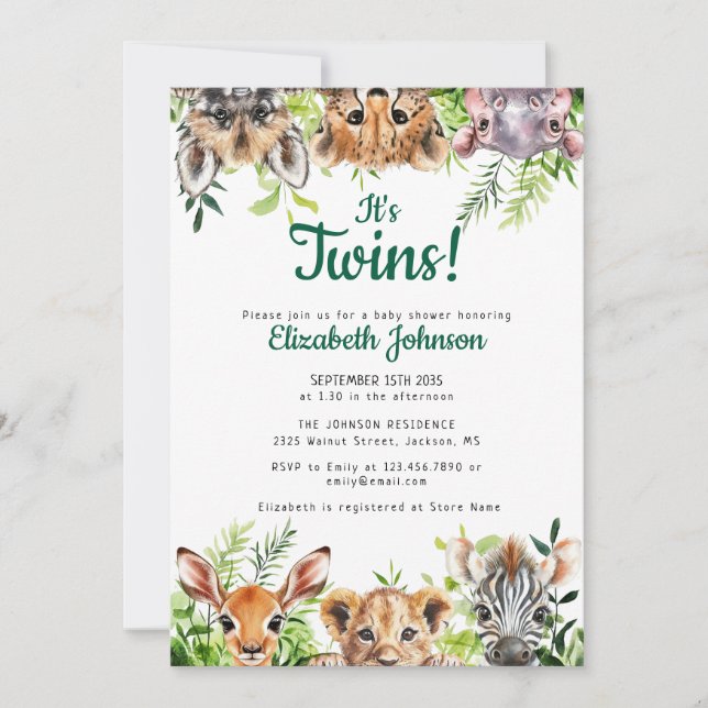 Es ist Twins Watercolor Safari Animals Baby Shower Einladung (Vorderseite)