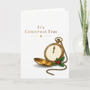 Es ist Weihnachtszeit Vintage-Goldtaschenuhr Feiertagskarte