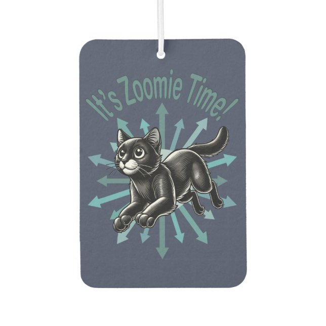 Es ist Zoomie Time Black Cat Autolufterfrischer (Vorderseite)
