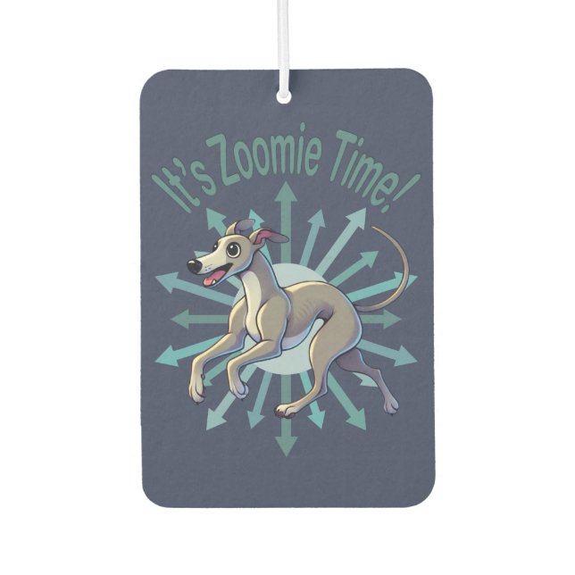 Es ist Zoomie Time Greyhound Autolufterfrischer (Vorderseite)