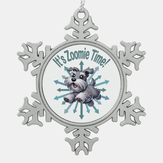 Es ist Zoomie Time Miniature Schnauzer Schneeflocken Zinn-Ornament (Vorderseite)