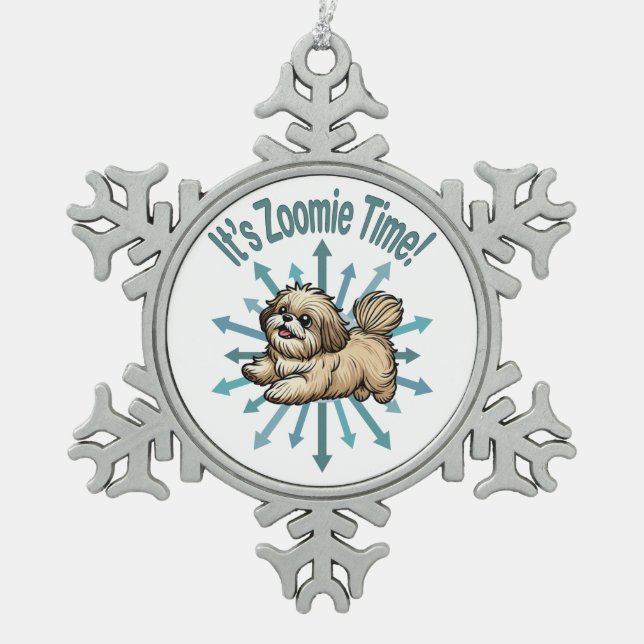 Es ist Zoomie Time Shih Tzu Schneeflocken Zinn-Ornament (Vorderseite)