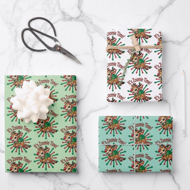"Es ist Zoomie Time! Weihnachtsmann Geschenkpapier Set (Vorderseite)