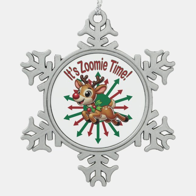 "Es ist Zoomie Time! Weihnachtsmann Schneeflocken Zinn-Ornament (Vorderseite)