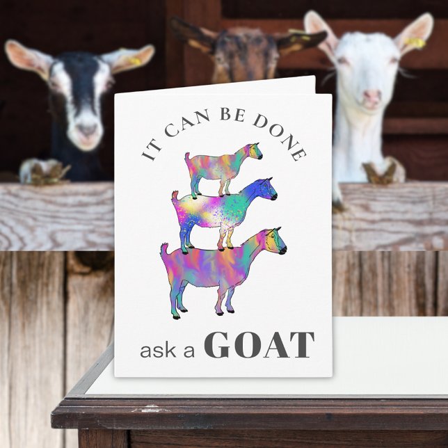 Es kann ein Ziege-Motivierend Sprichwort Gefragt w Karte (It can be done ask a goat quote cute goats colorful animal art greetings card of encouragement )