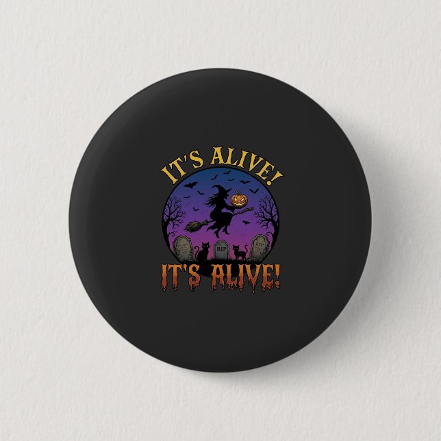 Es lebt Halloween Hexe Kürbis Schwarze Katze Grabs Button (Vorderseite)