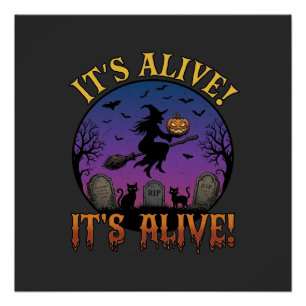 Es lebt Halloween Hexe Kürbis Schwarze Katze Grabs Poster