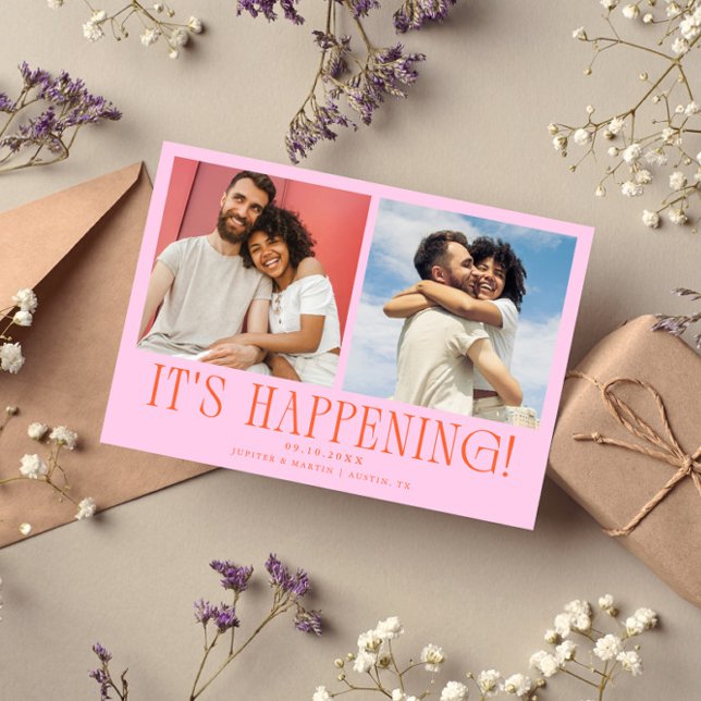 Es passiert 2-Foto Orange Rosa Hochzeit Save The Date (Von Creator hochgeladen)
