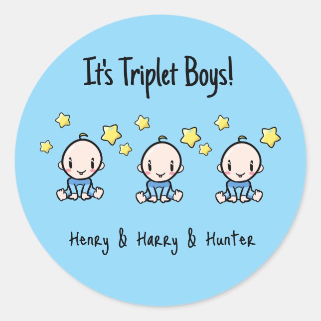 Es sind Triplet Boys!, Personalisierte Triole Baby Runder Aufkleber (Vorderseite)