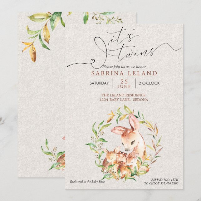 Es sind zwei Baby-Duschkabinen in Leafy-Kranz Einladung (Vorne/Hinten)