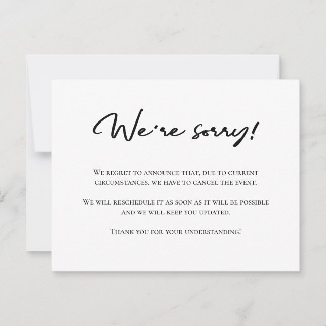 Es tut uns leid, dass die Schwarz-weiße Stornierun Mitteilungskarte (Vorderseite)