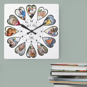 Es war einmal 12 herzförmige Fotos in Weiß Quadratische Wanduhr