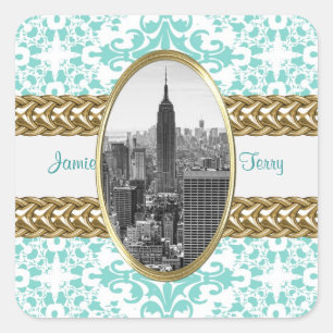 ESB 01 Lt Blue Damask Gold Chain Quadratischer Aufkleber