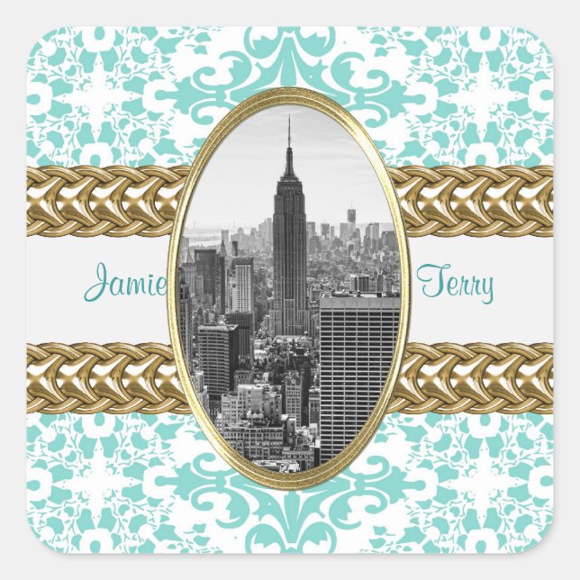 ESB 01 Lt Blue Damask Gold Chain Quadratischer Aufkleber (Vorderseite)