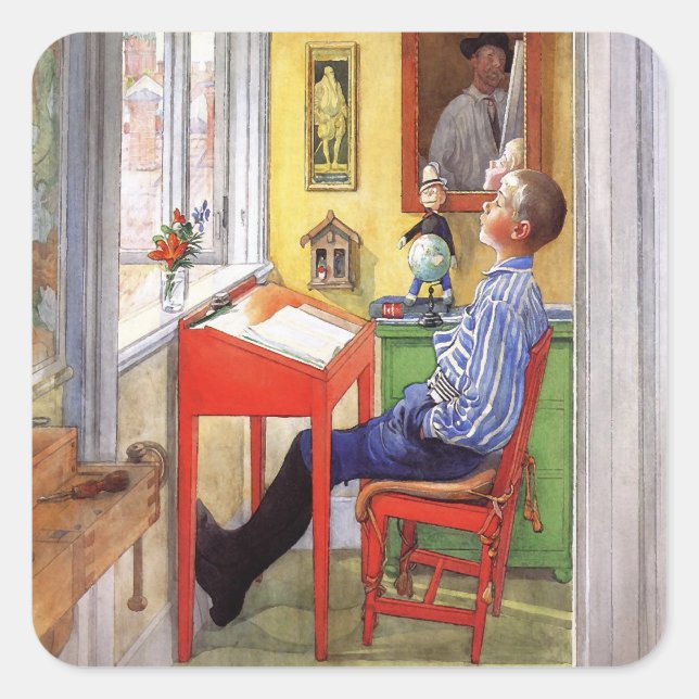 Esbjorn macht seine Hausaufgaben von Carl Larsson Quadratischer Aufkleber (Vorderseite)