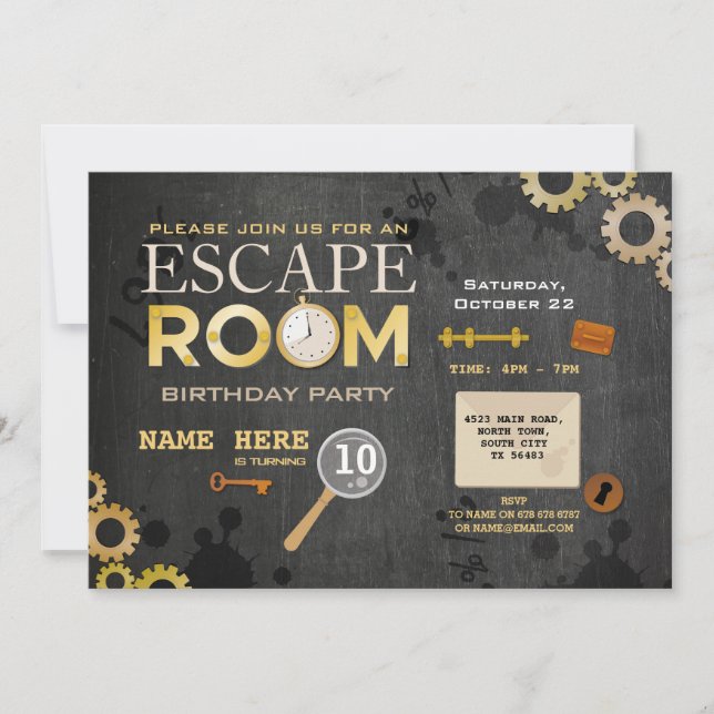 Escape Room Birthday Party Clues Cogs Keys Foto Einladung (Vorderseite)