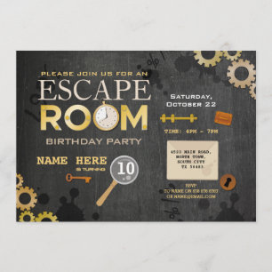 Escape Room Birthday Party Clues Cogs Keys Foto Einladung
