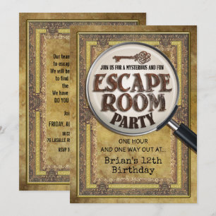 Escape Room Party Einladung Vorder- und Rückseite