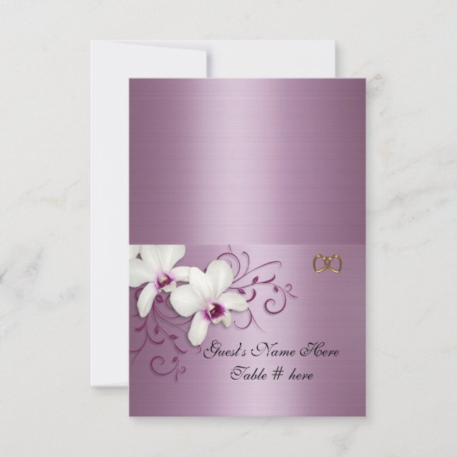 Escortkarten Weiße Orchideen Lavendelsatin Einladung (Vorderseite)