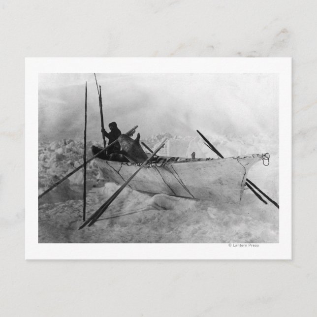 Eskimo in Boat hergestellt mit Skins genannt Omiak Postkarte (Vorderseite)