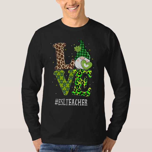 Esl Teacher Liebe St Patricks Day Gnome Leopard Sh T-Shirt (Vorderseite)