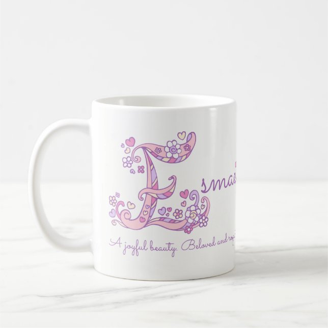 Esmae-Name bedeutet Herz-Blume E Monogramm Tasse (Links)