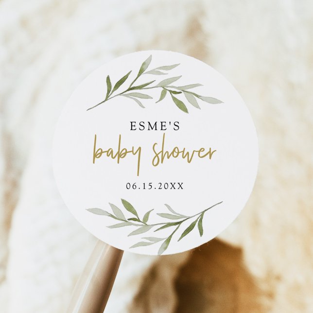 ESME Bohemisch Greenery & Gold Baby Dusche Runder Aufkleber (Von Creator hochgeladen)