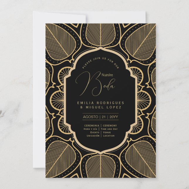 Espanol Invitación Boda Elegante Black Gold Weddin Einladung (Vorderseite)