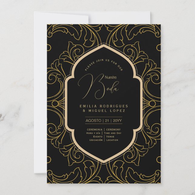 Espanol Invitación Boda Elegante Black Gold Weddin Einladung (Vorderseite)