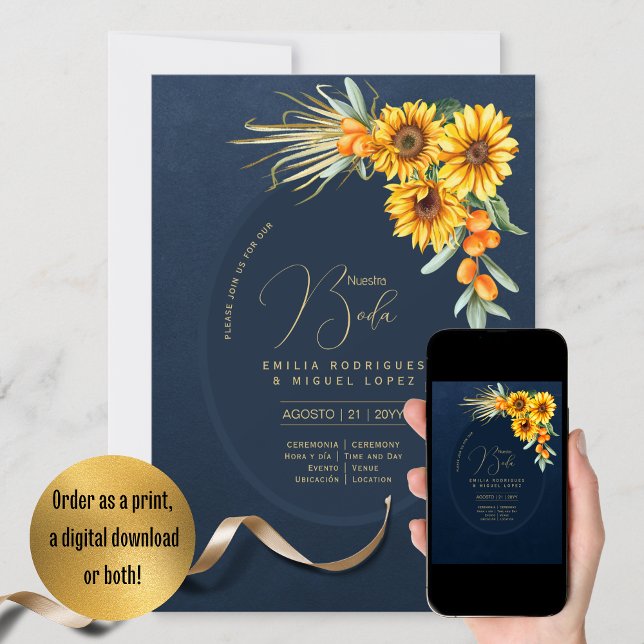 Espanol Invitación Boda Rustic Blue Sunflores Einladung (Von Creator hochgeladen)