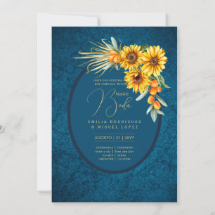 Espanol Invitación Boda Rustic Blue Sunflores Einladung
