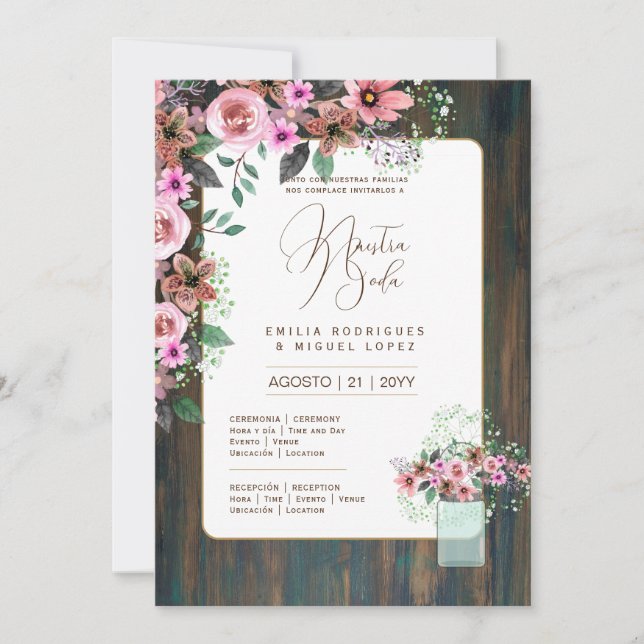 Espanol Invitación de Boda Floral Wedding Rustic I Einladung (Vorderseite)