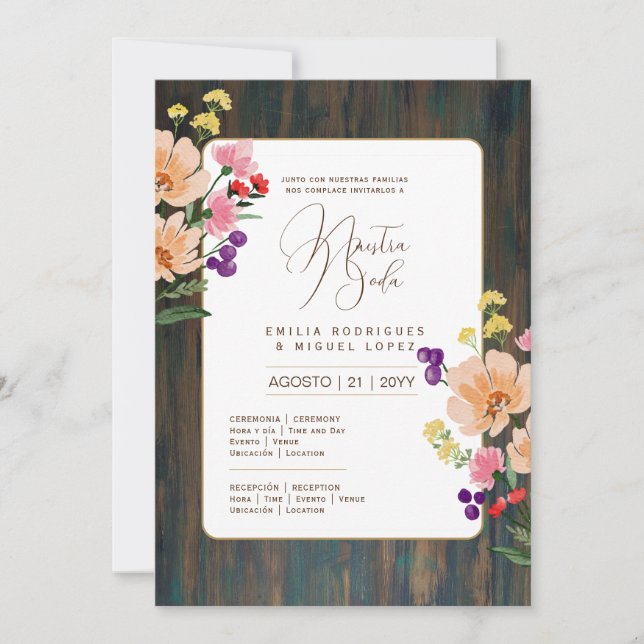 Espanol Invitación de Boda Floral Wedding Rustic I Einladung (Vorderseite)